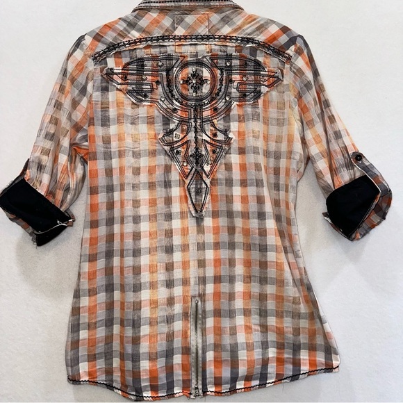 FINAL SALE Roar Orange Plaid Embroidered Button Front 3/4 Sleeve Top XL - Picture 2 of 13